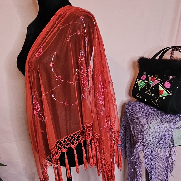 A distinctive Floral Sheer Shawl Showcases Red Beadwork Embroidery. - Picture 9 of 10